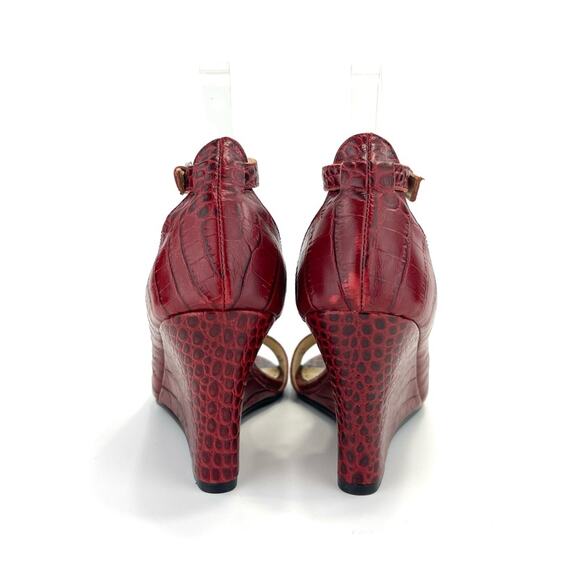 Anthropologie/Farylrobin D'Orsay Wedge Sandal Sz 7 Red Leather Embossed Open-Toe - Picture 4 of 16